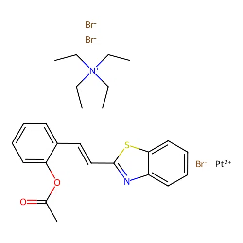 Tetraethylammonium tribromo(2-(2-acetoxystyryl)benzothiazole)platinate(II) structure