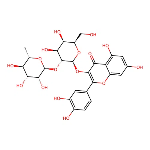 Quercetin 3-O-alpha-rhamnopyranosyl-(1-2)-beta-galactopyranoside structure