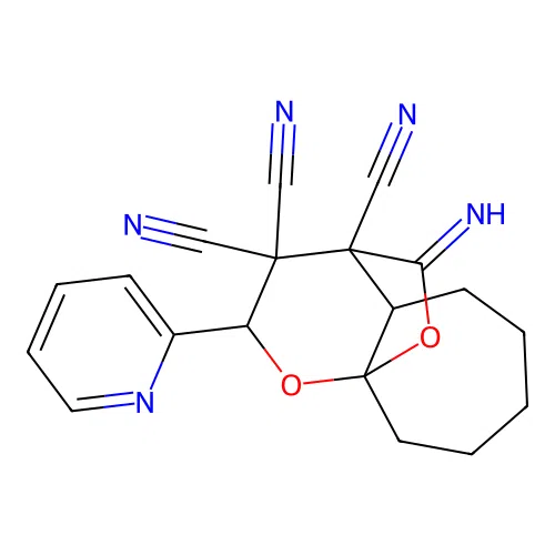 11-imino-2-(pyridin-2-yl)hexahydro-2H-9a,4-(epoxymethano)cyclohepta[b]pyran-3,3,4(4H)-tricarbonitrile structure