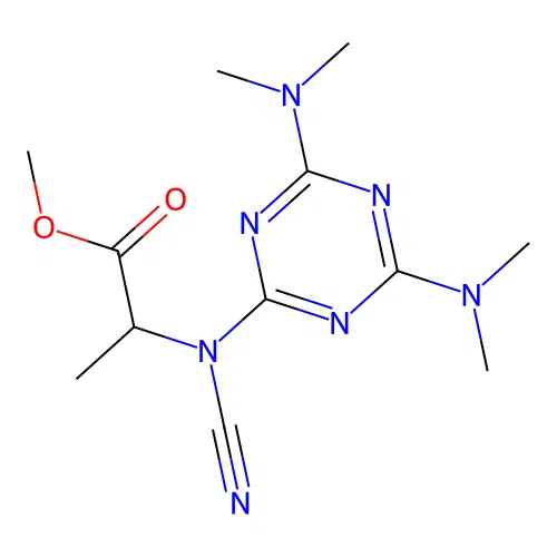 methyl N-[4,6-bis(dimethylamino)-1,3,5-triazin-2-yl]-N-cyanoalaninate structure
