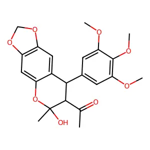 1-[6-hydroxy-6-methyl-8-(3,4,5-trimethoxyphenyl)-7,8-dihydro-[1,3]dioxolo[4,5-g]chromen-7-yl]ethanone structure