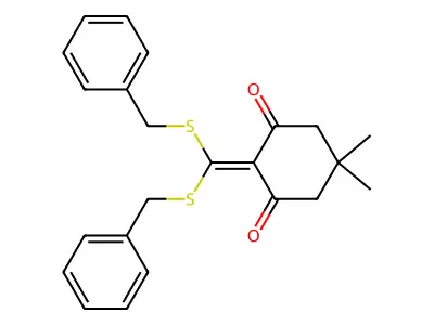 2-[Bis(phenylmethylthio)methylene]-5,5-dimethylcyclohexane-1,3-dione structure
