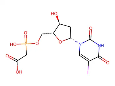 (Hydroxy-(3-hydroxy-5-(5-iodo-2,4-dioxo-3,4-dihydro-2H-pyrimidin-1-yl)-tetrahydro-furan-2-ylmethoxy)-phosphoryl)-acetic acid structure