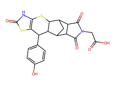 [10-(4-hydroxyphenyl)-2,6,8-trioxo-3,4a,5,5a,6,8,8a,9,9a,10-decahydro-5,9-methano[1,3]thiazolo[5',4':5,6]thiopyrano[2,3-f]isoindol-7(2H)-yl]acetic acid structure