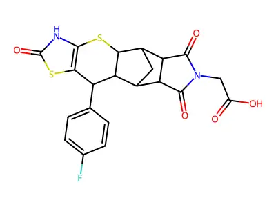 2-((4aR,5R,5aR,8aR,9S)-10-(4-fluorophenyl)-2,6,8-trioxo-2,3,4a,5,5a,6,8a,9,9a,10-decahydro-5,9-methanothiazolo[5',4':5,6]thiopyrano[2,3-f]isoindol-7(8H)-yl)acetic acid structure