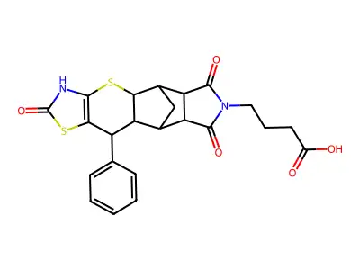 4-((4aR,5R,5aR,8aR,9S)-2,6,8-trioxo-10-phenyl-2,3,4a,5,5a,6,8a,9,9a,10-decahydro-5,9-methanothiazolo[5',4':5,6]thiopyrano[2,3-f]isoindol-7(8H)-yl)butanoic acid structure