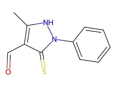 5-methyl-2-phenyl-3-sulfanylidene-1H-pyrazole-4-carbaldehyde structure