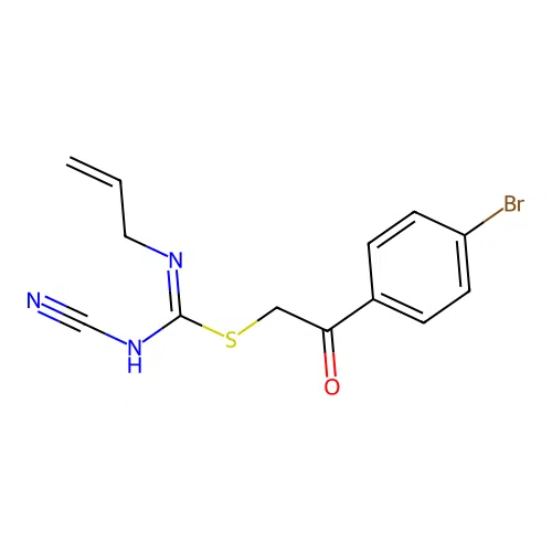 (Z)-2-(4-bromophenyl)-2-oxoethyl N-allyl-N'-cyanocarbamimidothioate structure