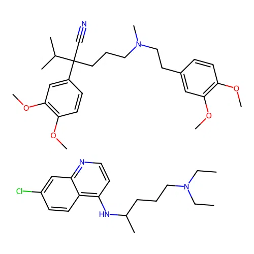 4-N-(7-chloroquinolin-4-yl)-1-N,1-N-diethylpentane-1,4-diamine;2-(3,4-dimethoxyphenyl)-5-[2-(3,4-dimethoxyphenyl)ethyl-methylamino]-2-propan-2-ylpentanenitrile structure