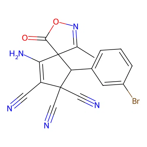 4-amino-1-(3-bromophenyl)-6-methyl-9-oxo-8-oxa-7-azaspiro[4.4]nona-3,6-diene-2,2,3-tricarbonitrile structure