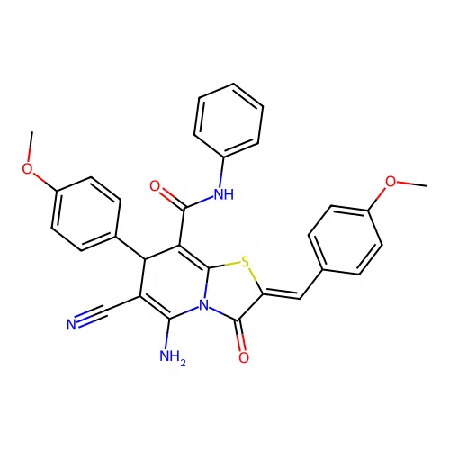 (2Z)-5-amino-6-cyano-2-(4-methoxybenzylidene)-7-(4-methoxyphenyl)-3-oxo-N-phenyl-2,3-dihydro-7H-[1,3]thiazolo[3,2-a]pyridine-8-carboxamide structure