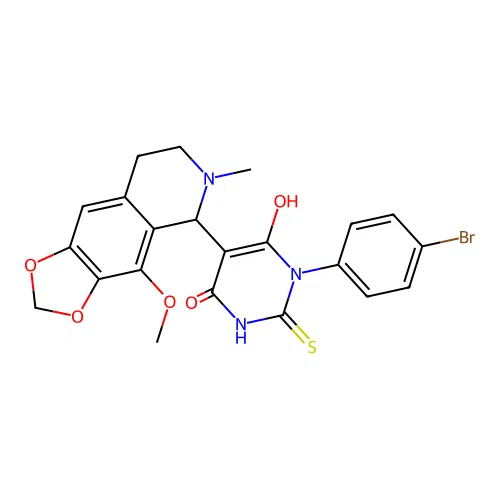 1-(4-bromophenyl)-6-hydroxy-5-(4-methoxy-6-methyl-5,6,7,8-tetrahydro-[1,3]dioxolo[4,5-g]isoquinolin-5-yl)-2-thioxo-2,3-dihydropyrimidin-4(1H)-one structure