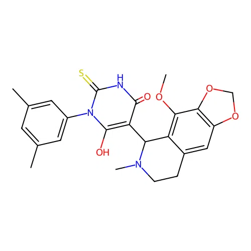1-(3,5-dimethylphenyl)-6-hydroxy-5-(4-methoxy-6-methyl-5,6,7,8-tetrahydro-[1,3]dioxolo[4,5-g]isoquinolin-5-yl)-2-thioxo-2,3-dihydropyrimidin-4(1H)-one structure