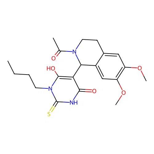 5-(2-acetyl-6,7-dimethoxy-1,2,3,4-tetrahydroisoquinolin-1-yl)-3-butyl-6-hydroxy-2-thioxo-2,3-dihydropyrimidin-4(1H)-one structure