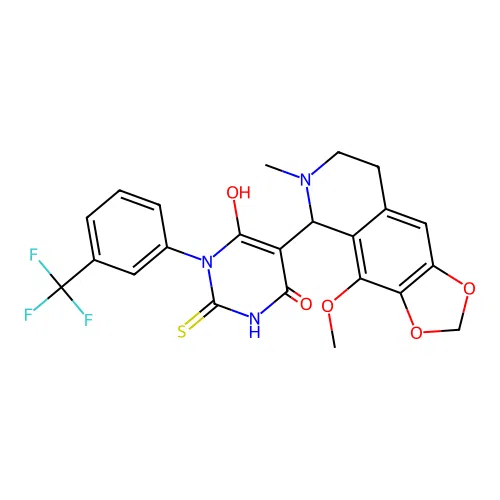 6-hydroxy-5-(4-methoxy-6-methyl-5,6,7,8-tetrahydro-[1,3]dioxolo[4,5-g]isoquinolin-5-yl)-2-thioxo-1-(3-(trifluoromethyl)phenyl)-2,3-dihydropyrimidin-4(1H)-one structure