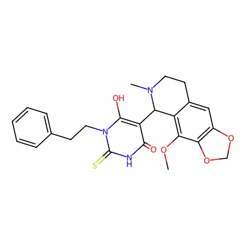 6-hydroxy-5-(4-methoxy-6-methyl-5,6,7,8-tetrahydro-[1,3]dioxolo[4,5-g]isoquinolin-5-yl)-1-phenethyl-2-thioxo-2,3-dihydropyrimidin-4(1H)-one structure