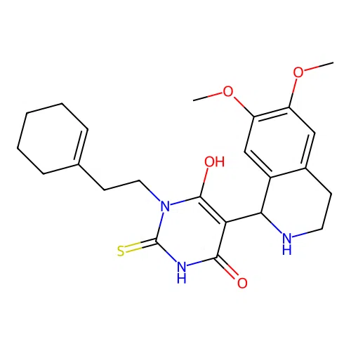 3-(2-(cyclohex-1-en-1-yl)ethyl)-5-(6,7-dimethoxy-1,2,3,4-tetrahydroisoquinolin-1-yl)-6-hydroxy-2-thioxo-2,3-dihydropyrimidin-4(1H)-one structure