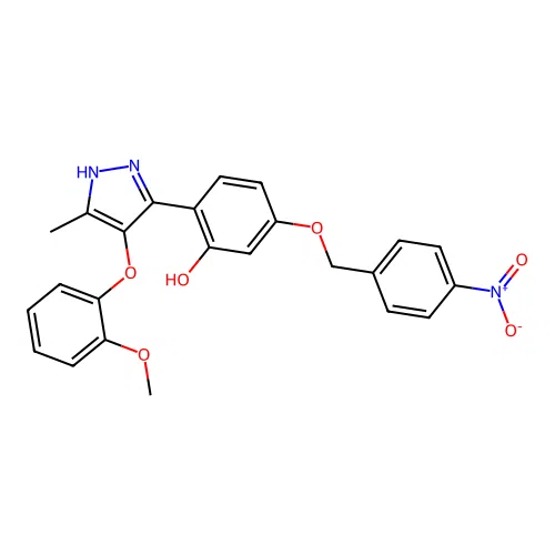 2-(4-(2-methoxyphenoxy)-5-methyl-1H-pyrazol-3-yl)-5-((4-nitrobenzyl)oxy)phenol structure