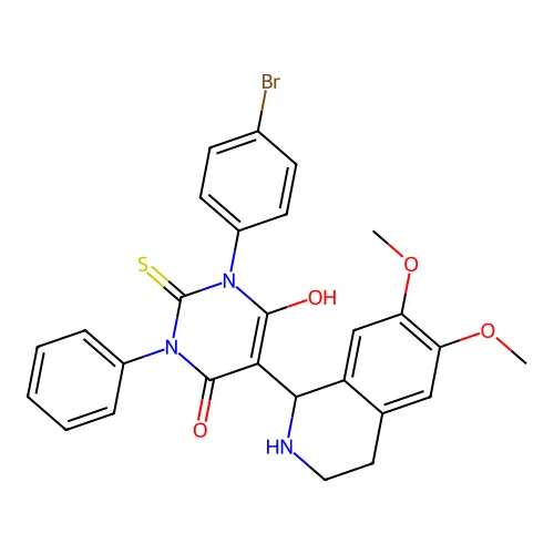 3-(4-bromophenyl)-5-(6,7-dimethoxy-1,2,3,4-tetrahydroisoquinolin-1-yl)-6-hydroxy-1-phenyl-2-thioxo-2,3-dihydropyrimidin-4(1H)-one structure