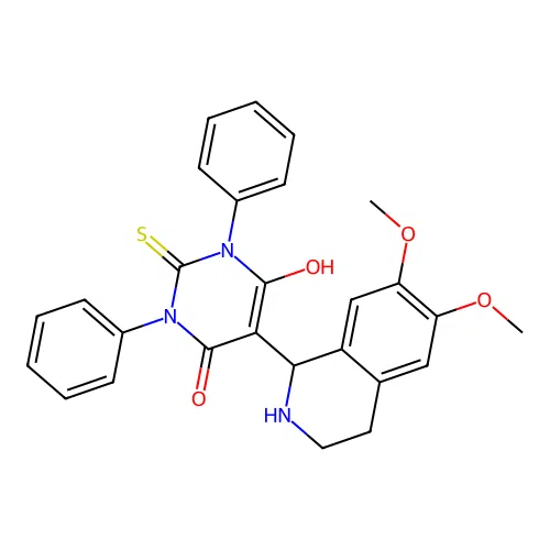 5-(6,7-dimethoxy-1,2,3,4-tetrahydroisoquinolin-1-yl)-6-hydroxy-1,3-diphenyl-2-thioxo-2,3-dihydropyrimidin-4(1H)-one structure
