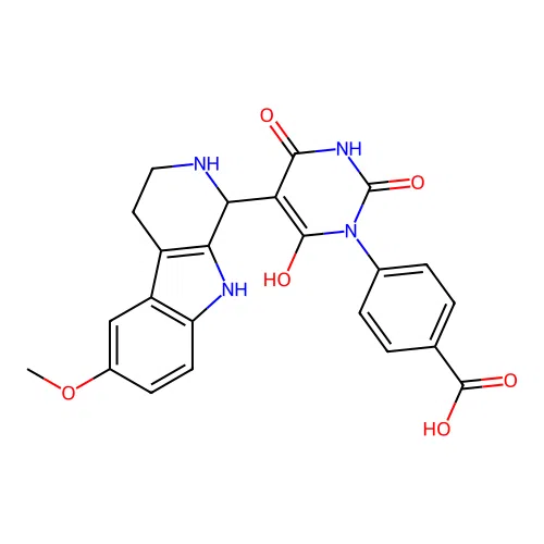 4-(4-hydroxy-5-(6-methoxy-2,3,4,9-tetrahydro-1H-pyrido[3,4-b]indol-1-yl)-2,6-dioxo-2,3-dihydropyrimidin-1(6H)-yl)benzoic acid structure