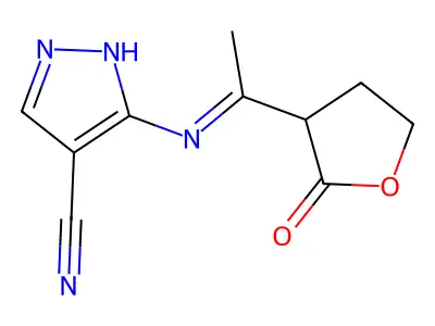3-{[1-(2-oxooxolan-3-yl)ethylidene]amino}-1H-pyrazole-4-carbonitrile structure
