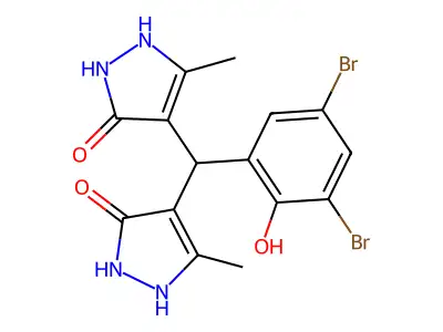 4,4'-[(3,5-dibromo-2-hydroxyphenyl)methanediyl]bis(3-methyl-1H-pyrazol-5-ol) structure