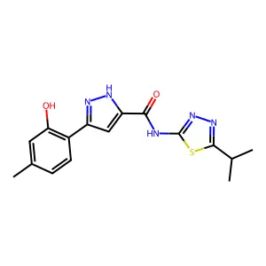 3-(2-hydroxy-4-methylphenyl)-N-(5-isopropyl-1,3,4-thiadiazol-2-yl)-1H-pyrazole-5-carboxamide structure