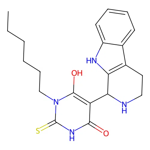 1-hexyl-6-hydroxy-5-(2,3,4,9-tetrahydro-1H-pyrido[3,4-b]indol-1-yl)-2-thioxo-2,3-dihydropyrimidin-4(1H)-one structure