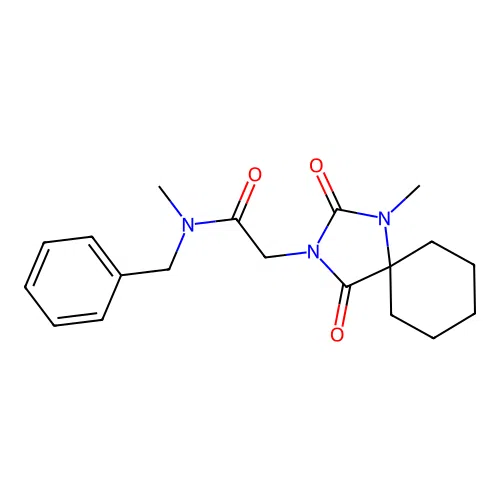 N-benzyl-N-methyl-2-(1-methyl-2,4-dioxo-1,3-diazaspiro[4.5]dec-3-yl)acetamide structure