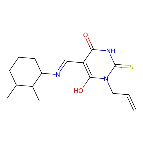 (E)-1-allyl-5-(((2,3-dimethylcyclohexyl)amino)methylene)-2-thioxodihydropyrimidine-4,6(1H,5H)-dione structure