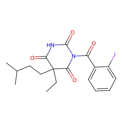 5-ethyl-1-(2-iodobenzoyl)-5-(3-methylbutyl)-1,3-diazinane-2,4,6-trione structure