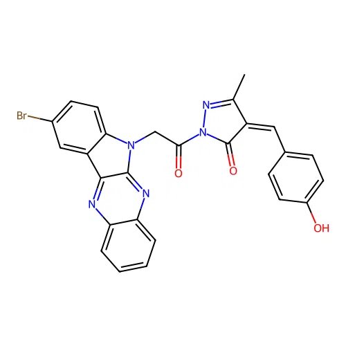 3H-Pyrazol-3-one,2-[2-(9-bromo-6H-indolo[2,3-b]quinoxalin-6-yl)acetyl]-2,4-dihydro-4-[(4-hydroxyphenyl)methylene]-5-methyl- structure