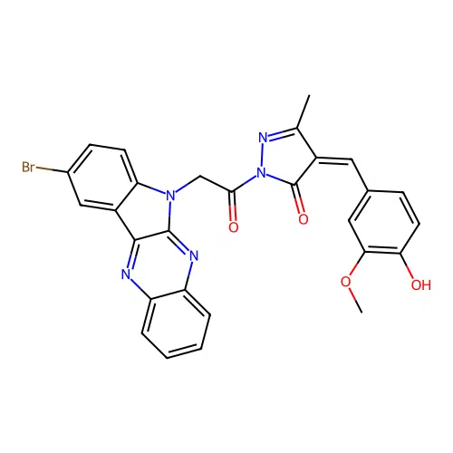 3H-Pyrazol-3-one,2-[2-(9-bromo-6H-indolo[2,3-b]quinoxalin-6-yl)acetyl]-2,4-dihydro-4-[(4-hydroxy-3-methoxyphenyl)methylene]-5-methyl- structure