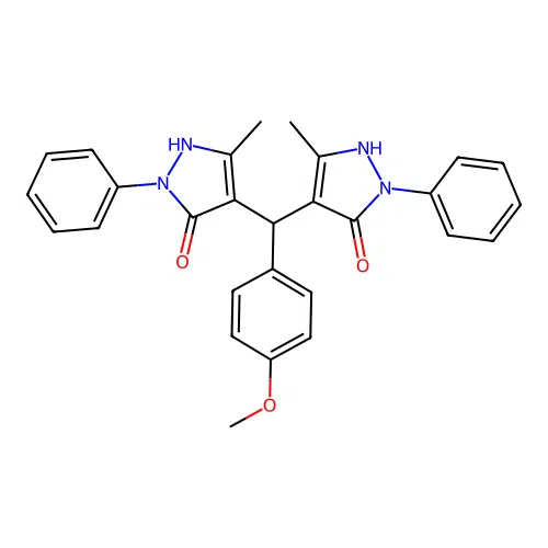 4,4'-[(4-methoxyphenyl)methanediyl]bis(3-methyl-1-phenyl-1H-pyrazol-5-ol) structure