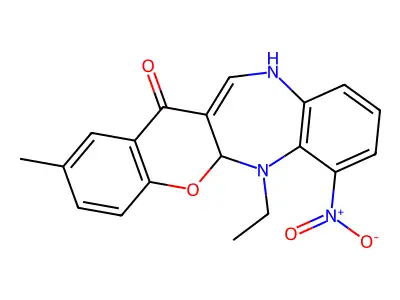 6,11-Dihydro-6-ethyl-2-methyl-7-nitro-(1)benzopyrano(2,3-b)(1,5)benzodiazepin-13(5ah)-one structure
