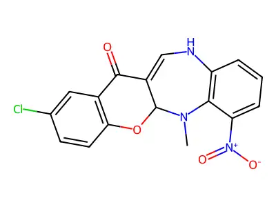6,11-Dihydro-2-chloro-6-methyl-7-nitro-(1)benzopyrano(2,3-b)(1,5)benzodiazepin-13(5ah)-one structure