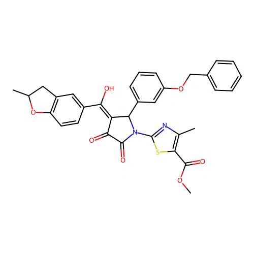 methyl 2-(2-(3-(benzyloxy)phenyl)-4-hydroxy-3-(2-methyl-2,3-dihydrobenzofuran-5-carbonyl)-5-oxo-2,5-dihydro-1H-pyrrol-1-yl)-4-methylthiazole-5-carboxylate structure
