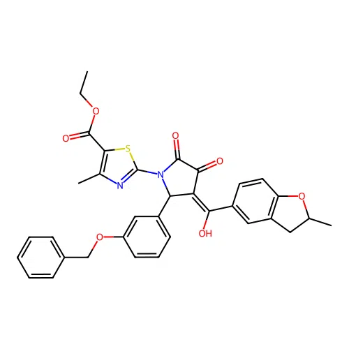 ethyl 2-(2-(3-(benzyloxy)phenyl)-4-hydroxy-3-(2-methyl-2,3-dihydrobenzofuran-5-carbonyl)-5-oxo-2,5-dihydro-1H-pyrrol-1-yl)-4-methylthiazole-5-carboxylate structure