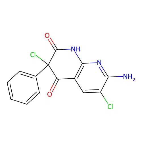 7-amino-3,6-dichloro-3-phenyl-1H-1,8-naphthyridine-2,4-dione structure