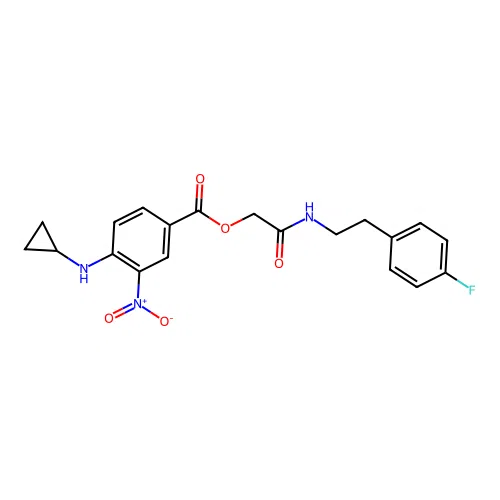 [2-[2-(4-fluorophenyl)ethylamino]-2-oxoethyl] 4-(cyclopropylamino)-3-nitrobenzoate structure