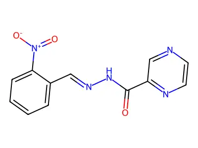 N-[(E)-(2-nitrophenyl)methylideneamino]pyrazine-2-carboxamide structure