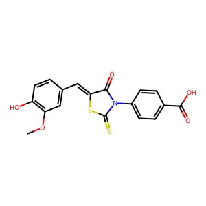 (Z)-4-(5-(4-hydroxy-3-methoxybenzylidene)-4-oxo-2-thioxothiazolidin-3-yl)benzoic acid structure