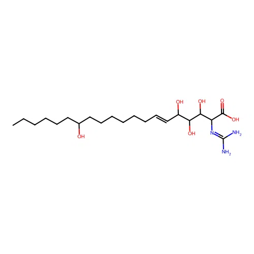 (E)-2-(diaminomethylideneamino)-3,4,5,14-tetrahydroxyicos-6-enoic acid structure