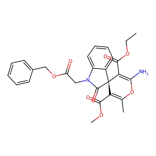 (S)-3'-ethyl 5'-methyl 2'-amino-1-(2-(benzyloxy)-2-oxoethyl)-6'-methyl-2-oxospiro[indoline-3,4'-pyran]-3',5'-dicarboxylate structure