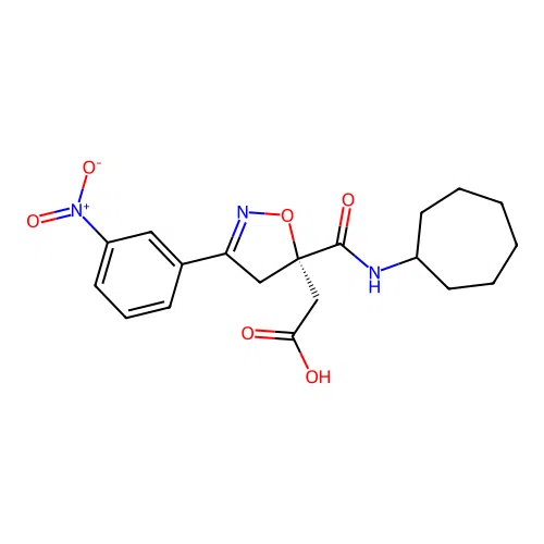 2-[(5S)-5-(cycloheptylcarbamoyl)-3-(3-nitrophenyl)-4H-1,2-oxazol-5-yl]acetic Acid structure