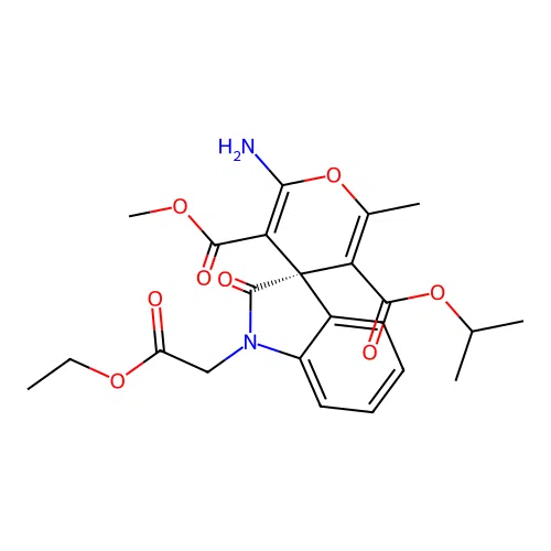 (S)-5'-isopropyl 3'-methyl 2'-amino-1-(2-ethoxy-2-oxoethyl)-6'-methyl-2-oxospiro[indoline-3,4'-pyran]-3',5'-dicarboxylate structure