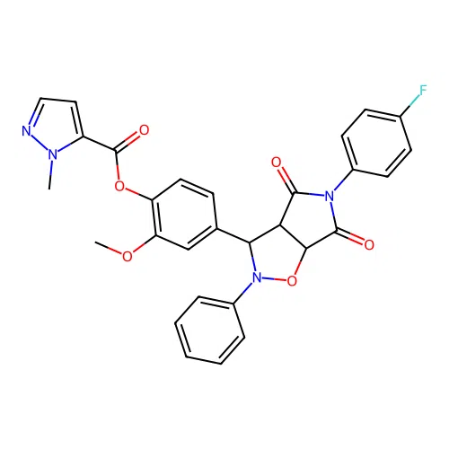 [4-[5-(4-fluorophenyl)-4,6-dioxo-2-phenyl-3a,6a-dihydro-3H-pyrrolo[3,4-d][1,2]oxazol-3-yl]-2-methoxyphenyl] 2-methylpyrazole-3-carboxylate structure