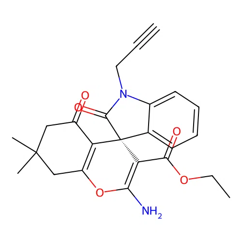 (S)-ethyl 2-amino-7,7-dimethyl-2',5-dioxo-1'-(prop-2-yn-1-yl)-5,6,7,8-tetrahydrospiro[chromene-4,3'-indoline]-3-carboxylate structure