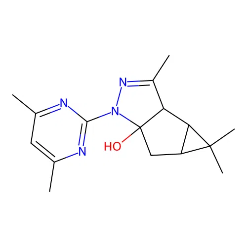 1-(4,6-dimethylpyrimidin-2-yl)-3,4,4-trimethyl-1,3a,3b,4,4a,5-hexahydro-5aH-cyclopropa[3,4]cyclopenta[1,2-c]pyrazol-5a-ol structure
